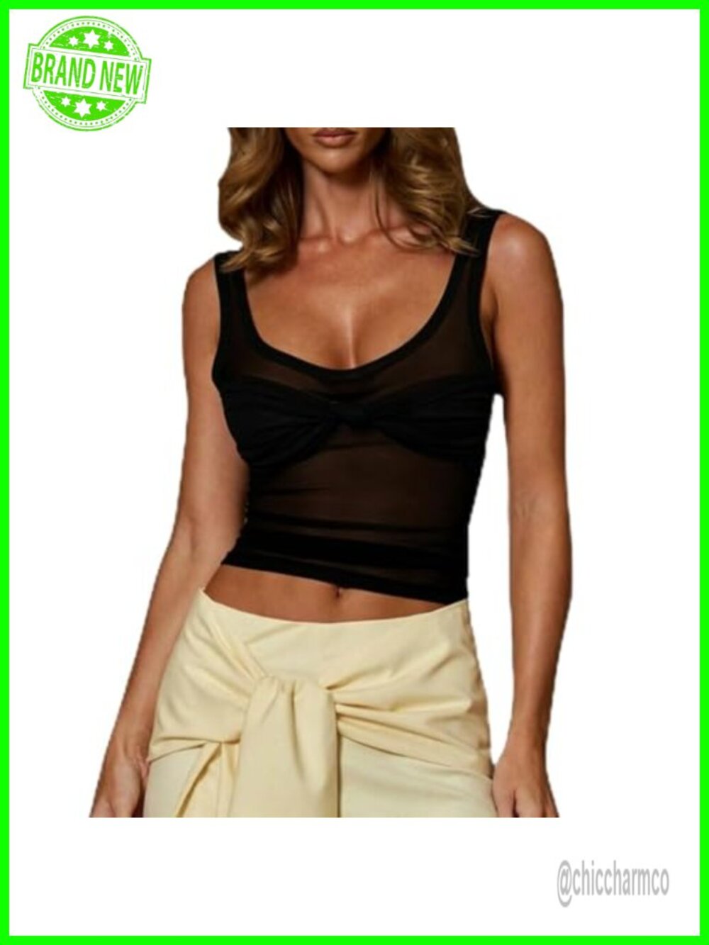 Scoop Neck Twist Knot Front Sheer Mesh Crop Tank Top Slim Fit Sleeveless